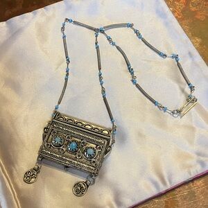 Kuchi handmade box locket prayer necklace solver tone blue glass beads 22"